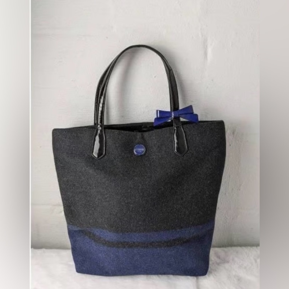 COACH SIGNATURE STRIPE WOOL NS TOTE BAG BLUE CHARCOAL BOW - Picture 2 of 3